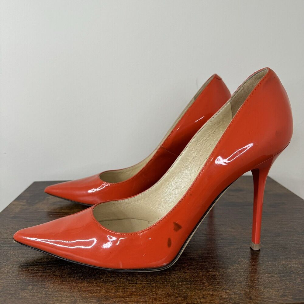 Jimmy Choo Abel Patent Leather Classic Pumps Size 38.5 US 8.5 Orange Stiletto - Picture 4 of 13